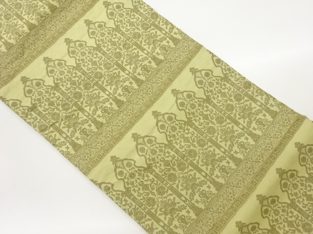 横段に草花・幾何学模様織出し名古屋帯